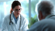 © Maksym - A female doctor leans forward with a focused expression as she uses a stethoscope to assess a senior patientâs breathing, surrounded by the calming ambiance of a modern hospital ro