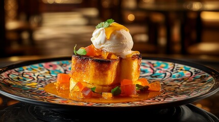 Poster - An artistic arrangement of honey toast served on a patterned plate, with a scoop of ice cream melting on top and a drizzle of honey for a delicious contrast.