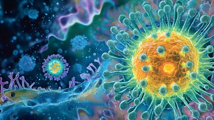 Aufkleber - Intricate Visualization of Viruses Under a Microscope with Colorful Details Shows Their Complex Structure and Interaction with Cellular Components in a Scientific Context