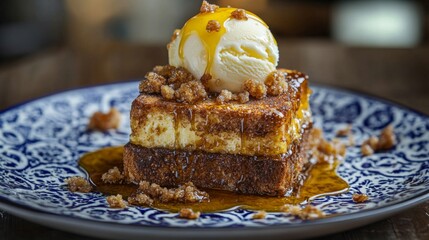 Poster - An artistic arrangement of honey toast served on a patterned plate, with a scoop of ice cream melting on top and a drizzle of honey for a delicious contrast.