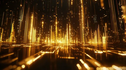 Poster - Golden futuristic city lights reflecting on a dark, reflective surface.