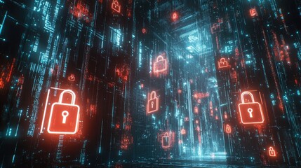 Aufkleber - Futuristic Cybersecurity Landscape, glowing symbols of locks and shields amidst a data-driven city, emphasizing protection in a digital age