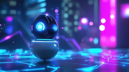 Poster - Futuristic glowing sphere on a neon city background.