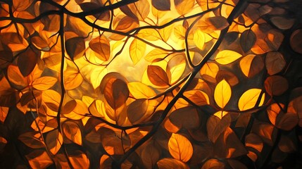 Canvas Print - Golden autumn leaves backlit by sunlight, creating a warm, inviting atmosphere.