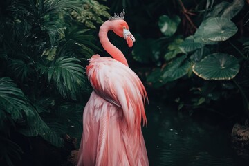 Aufkleber - Flamingo wearing a tiara and flowing silk dress by a tropical pond in a vibrant setting. Generative AI