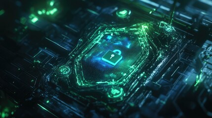 Aufkleber - Digital Shield of Cybersecurity, translucent shield glowing in blue and green, surrounded by padlocks, firewalls, encrypted codes in dark grid backdrop