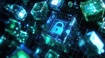 Aufkleber - Digital Shield of Cybersecurity, translucent shield glowing in blue and green, surrounded by padlocks and encrypted codes in a high-tech grid setting