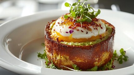 Poster - An artistic shot of avocado toast with a perfectly fried egg on top, garnished with chili flakes and microgreens, highlighting a trendy brunch option.