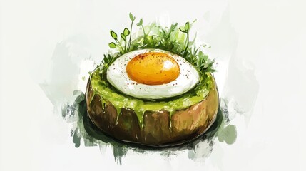 Poster - An artistic shot of avocado toast with a perfectly fried egg on top, garnished with chili flakes and microgreens, highlighting a trendy brunch option.