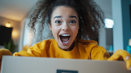 A close-up of a young womanâs ecstatic expression as she pulls back the flaps of a delivery box, her homeâs vibrant decor providing a cheerful backdrop.