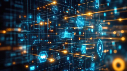 Aufkleber - Futuristic Cybersecurity Interface, vibrant symbols of protection, glowing connections, dynamic data flows, representing a secure digital landscape