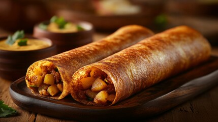 Poster - An artistic shot of a dosa rolled up and stuffed with a spiced potato filling, served alongside coconut chutney and tangy sambar for a delicious combination.