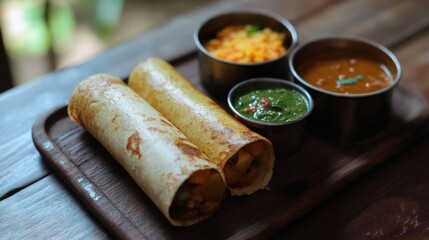 Poster - An artistic shot of a dosa rolled up and stuffed with a spiced potato filling, served alongside coconut chutney and tangy sambar for a delicious combination.