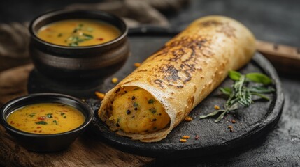 Poster - An artistic shot of a dosa rolled up and stuffed with a spiced potato filling, served alongside coconut chutney and tangy sambar for a delicious combination.