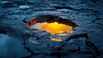 Wall Mural - sunset reflects in puddle on cracked mud, casting golden glow
