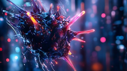 Poster - Abstract representation of a viral structure featuring bright colors and dynamic light effects, highlighting complexity and intrigue of microscopic organisms in a digital art style