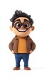 © Denys - 3D cartoon student smiling, wearing orange tee, brown jacket, glasses, standing confidently with hands tucked in pockets