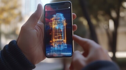 Poster - Engineer uses augmented reality on a smartphone to interact with a 3d model of a machine part, visualizing its complex structure and design in a manufacturing context