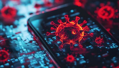 Aufkleber - Close-up of smartphone displaying digital representation of virus particles with glowing red details, symbolizing modern technology interaction with health crisis concepts