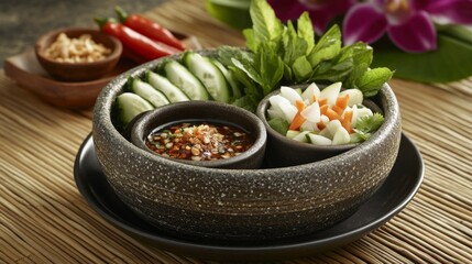 Poster - An artistic shot of Khao Mok Gai served in a traditional bowl, with a side of spicy dipping sauce and fresh vegetables, highlighting its vibrant colors and textures.