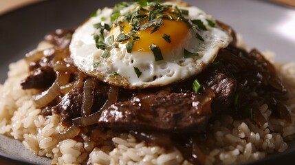 Wall Mural - An inviting display of a beef rice dish topped with caramelized onions and a fried egg, garnished with fresh herbs, creating a hearty and delicious meal.