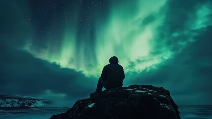 Sticker - Silhouette of a Person Admiring the Aurora Borealis