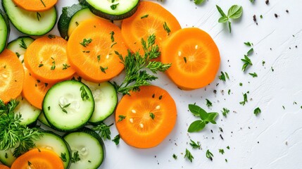 Poster - Sliced carrots and cucumbers with herbs on white background.