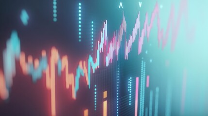 Poster - A D-rendered stock market chart with arrows pointing upward and downward, symbolizing the highs and lows of market trends, isolated on a white background.