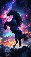 Wall Mural - black horse rearing on a mountain peak with a cosmic background of stars, nebulae and colorful cloud