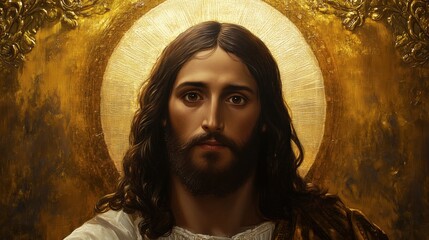 A serene portrait of Jesus Christ with long flowing hair and a well-groomed beard, his compassionate gaze set against an ornate gold background, symbolizing divinity and grace.