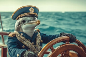 Aufkleber - Dolphin in captains attire navigates the ocean with a ships wheel on a sunny day. Generative AI
