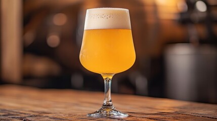 Poster - A beautifully crafted beer in a tall, slender glass with bubbles rising to the surface, placed on a rustic wooden table with soft, natural lighting.