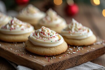 Wall Mural - white cream cookies with sprinkles on wooden board