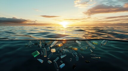 Wall Mural - An image depicting plastic waste floating in the ocean at sunset, highlighting environmental pollution and its impact on marine life.