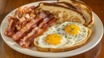 Poster - A breakfast plate with crispy bacon, fried eggs, and buttered toast, served on a rustic wooden table for a hearty morning meal.