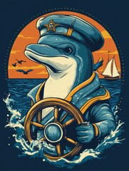 Aufkleber - Dolphin dressed as ship captain holds wheel while navigating vibrant ocean waters at sunset. Generative AI
