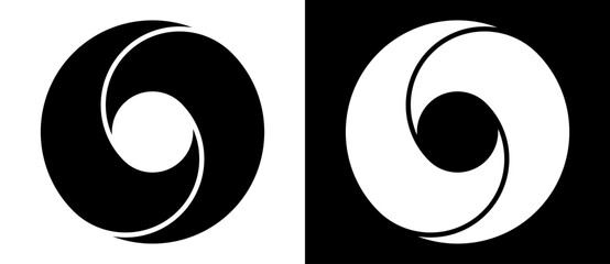 Fototapete - Rotating art lines in circle shape as design element, logo or icon. A black figure on a white background and an equally white figure on the black side.
