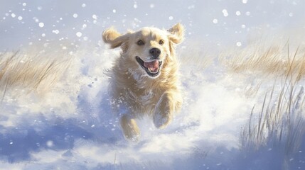 Poster - A charming image of a dog running happily through a snowy field, with snowflakes flying and its fur blending with the winter landscape.