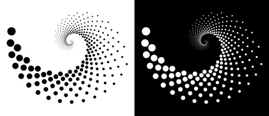 Canvas Print - Modern abstract background. Halftone dots in spiral. Round logo. Vector dotted frame. Design element or icon. Black shape on a white background and the same white shape on the black side.