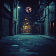 Poster - Dark urban street illuminated by distant lights featuring a symbolic virus motif hovering above. Generative AI