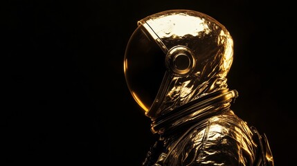 Wall Mural - gold astronaut spacesuit with dark visor posing in a dark background, perfect for space exploration 