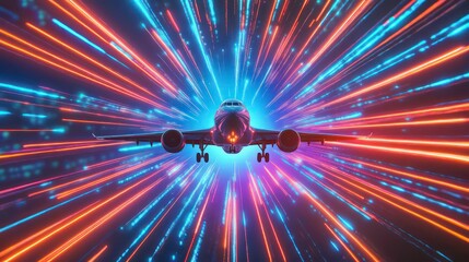 Poster - Airplane soaring through vibrant, dynamic light trails, suggesting speed and travel.