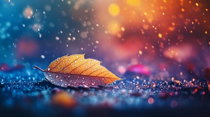 Fototapete - A close-up of a leaf with dew drops on a colorful autumn background, highlighting the contrast between the fresh droplets and fallen leaves.