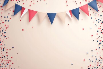 Red, white and blue bunting and confetti creating festive backdrop