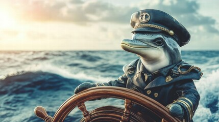 Aufkleber - Dolphin captain steering a ships wheel while navigating through the ocean waters at sunset. Generative AI