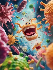 Poster - Cartoon style bacteria engage in battle with antibodies in a vivid, colorful environment. Generative AI
