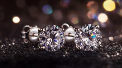 Poster - A close-up of elegant diamond stud earrings sparkling against a dark, plush background, showcasing their clarity and brilliance.