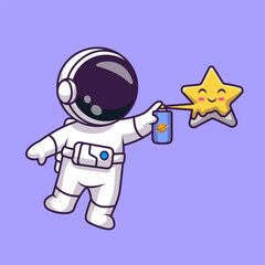 Wall Mural - Cute Astronaut Spray Paint Star In Space Cartoon Vector Icon 
Illustration. Science Technology Icon Concept Isolated 
Premium Vector. Flat Cartoon Style 
