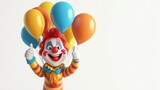 Smiling clown holding colorful balloons and showing thumbs up