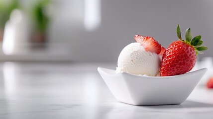 Wall Mural - Vanilla ice cream with strawberry slice in white bowl